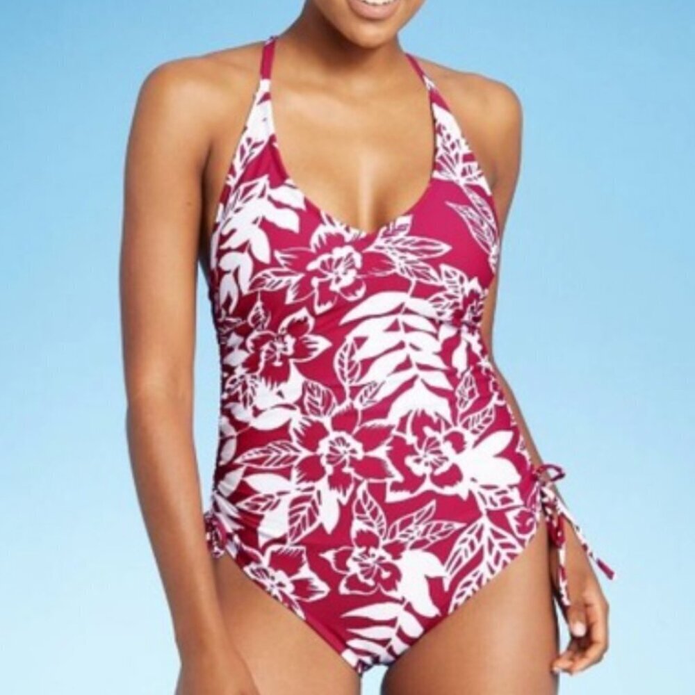 NWT Pink Floral Side Cinch Racer Back Medium Coverage One Piece Swimsuit Size XL